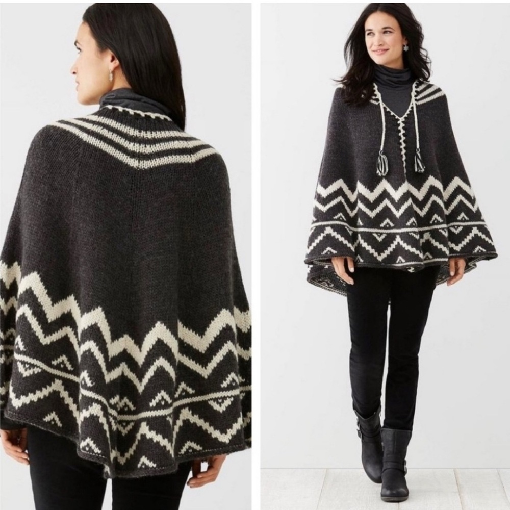 J. Jill Wool Knit Poncho Gray White One Size Boho